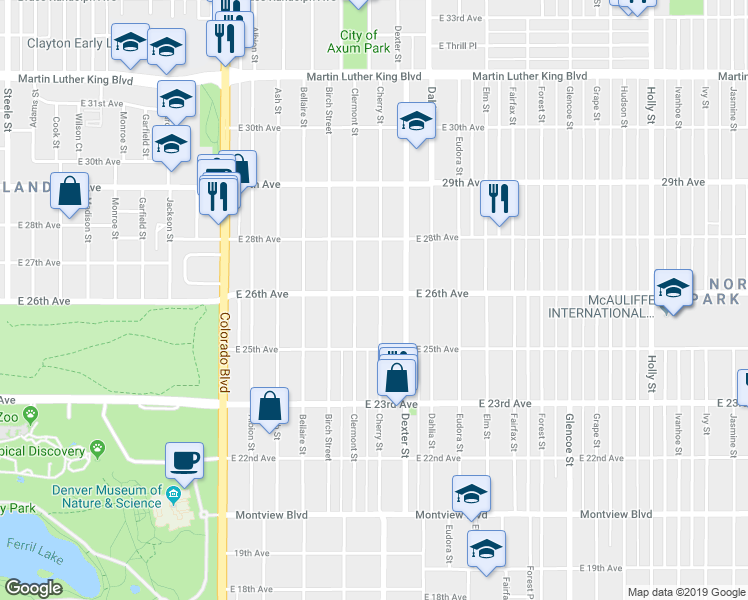 map of restaurants, bars, coffee shops, grocery stores, and more near 2587 Cherry Street in Denver