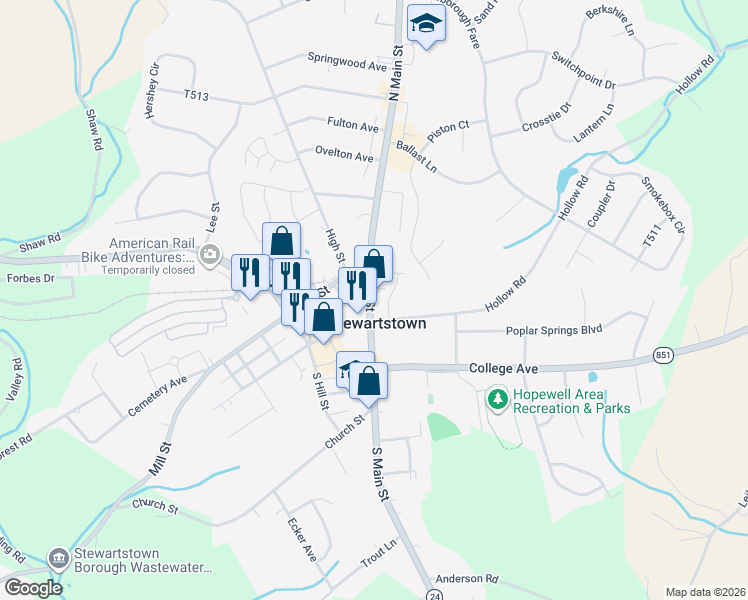map of restaurants, bars, coffee shops, grocery stores, and more near 11 North Main Street in Stewartstown