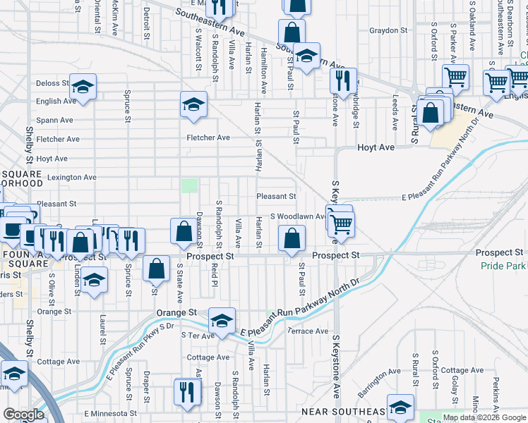 map of restaurants, bars, coffee shops, grocery stores, and more near 2118 Woodlawn Avenue in Indianapolis