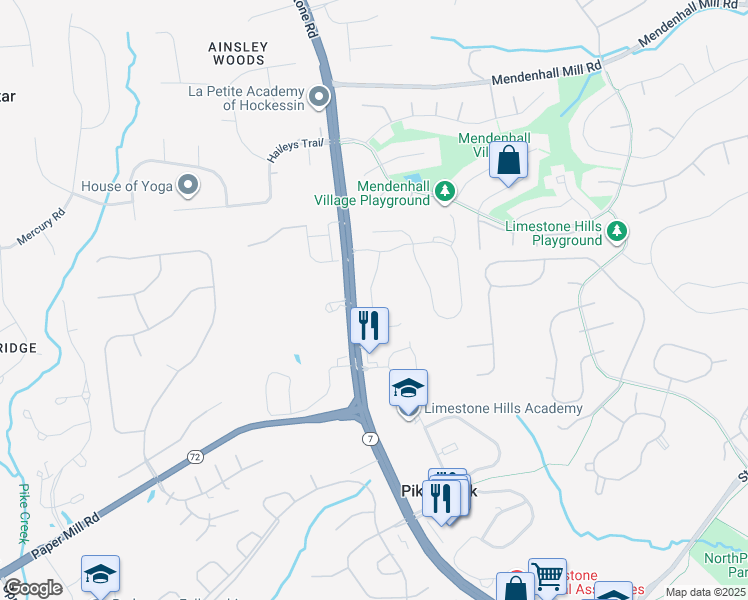 map of restaurants, bars, coffee shops, grocery stores, and more near 121 Pumpkin Patch Lane in Hockessin