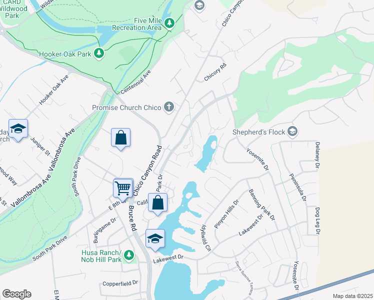 map of restaurants, bars, coffee shops, grocery stores, and more near 2918 Pennyroyal Drive in Chico