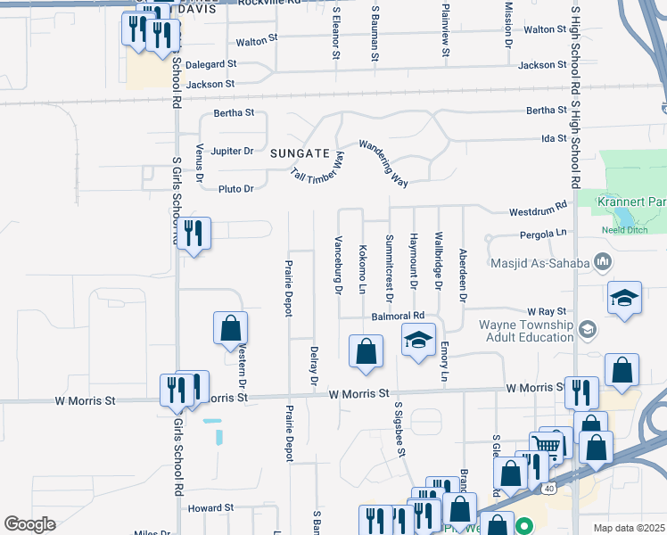 map of restaurants, bars, coffee shops, grocery stores, and more near 804 Vanceburg Drive in Indianapolis