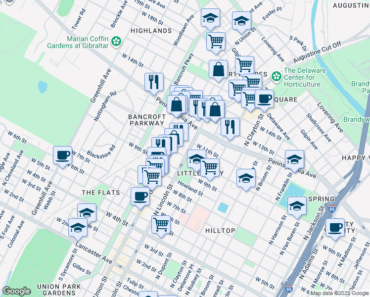 map of restaurants, bars, coffee shops, grocery stores, and more near 1015 North Lincoln Street in Wilmington