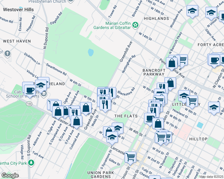 map of restaurants, bars, coffee shops, grocery stores, and more near 705 Nottingham Road in Wilmington