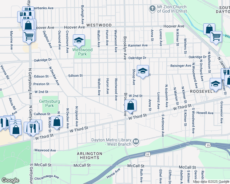 map of restaurants, bars, coffee shops, grocery stores, and more near 213 Westwood Avenue in Dayton