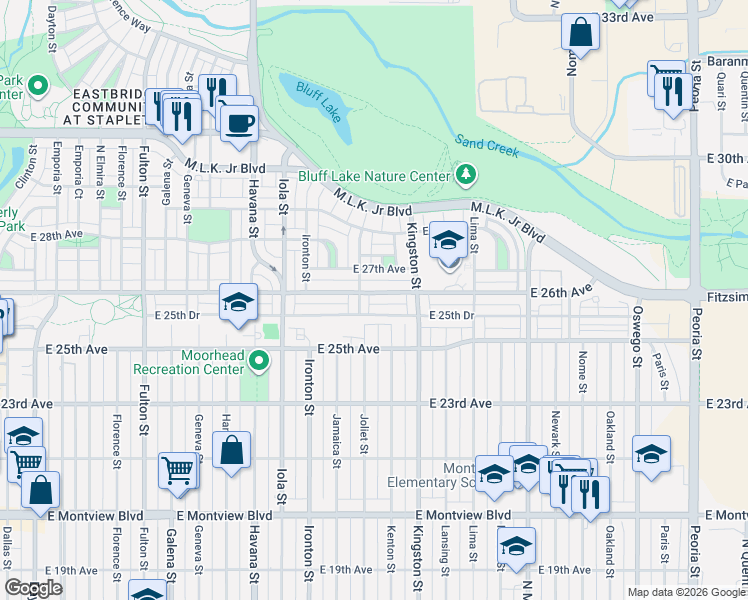 map of restaurants, bars, coffee shops, grocery stores, and more near 10930 East 26th Avenue in Aurora