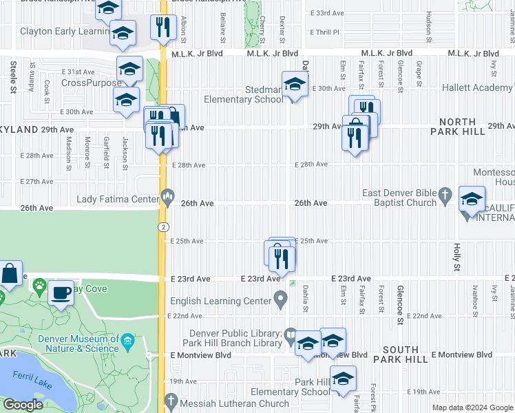 map of restaurants, bars, coffee shops, grocery stores, and more near 2587 Cherry Street in Denver