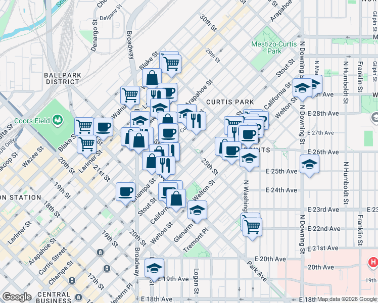 map of restaurants, bars, coffee shops, grocery stores, and more near in Denver