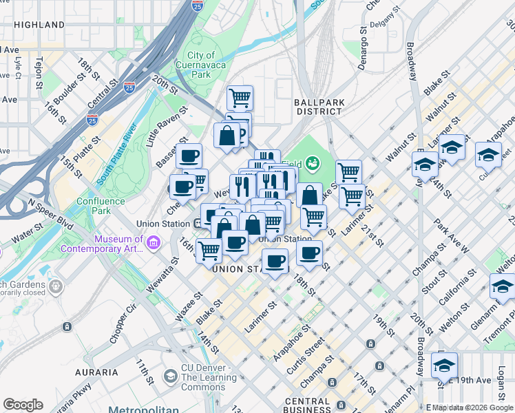 map of restaurants, bars, coffee shops, grocery stores, and more near 1601 19th Street in Denver