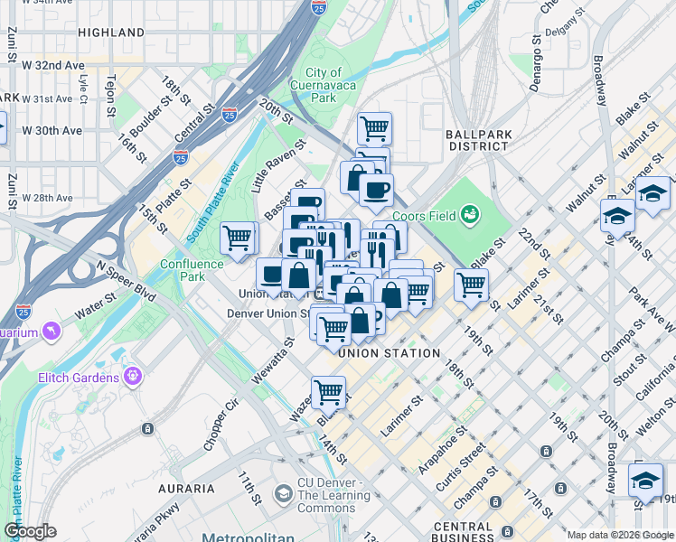 map of restaurants, bars, coffee shops, grocery stores, and more near in Denver