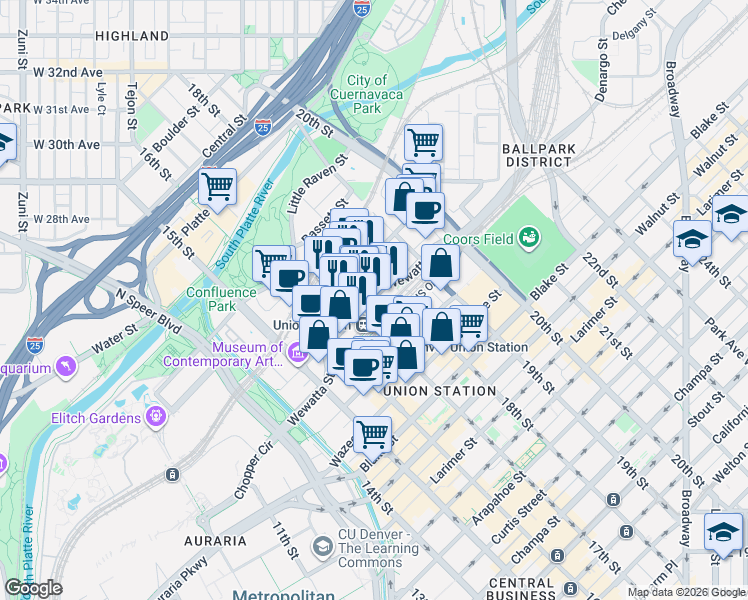 map of restaurants, bars, coffee shops, grocery stores, and more near 1920 17th Street in Denver