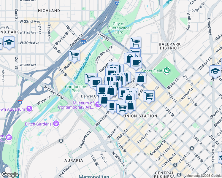 map of restaurants, bars, coffee shops, grocery stores, and more near 1920 17th Street in Denver