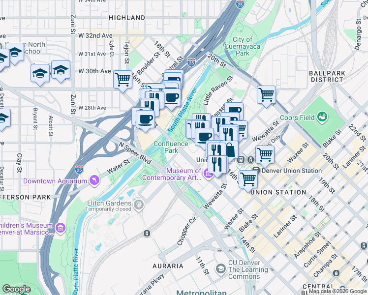 map of restaurants, bars, coffee shops, grocery stores, and more near 1500 Little Raven Street in Denver