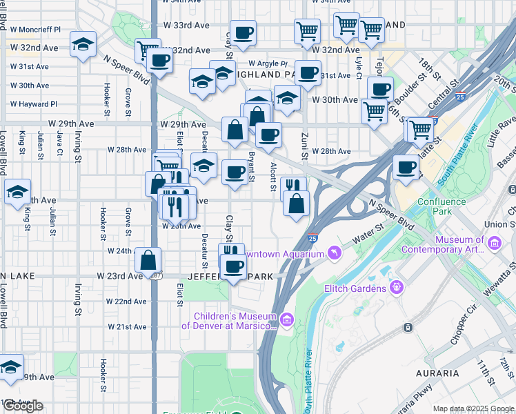 map of restaurants, bars, coffee shops, grocery stores, and more near 2620 West 26th Avenue in Denver