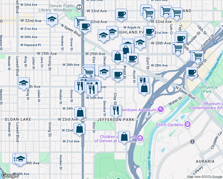 map of restaurants, bars, coffee shops, grocery stores, and more near 2714 West 26th Avenue in Denver