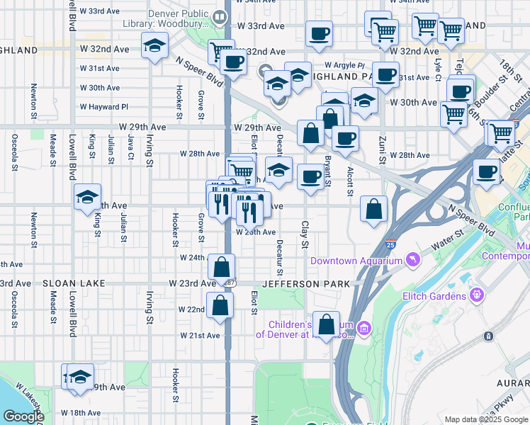 map of restaurants, bars, coffee shops, grocery stores, and more near 2812 West 26th Avenue in Denver