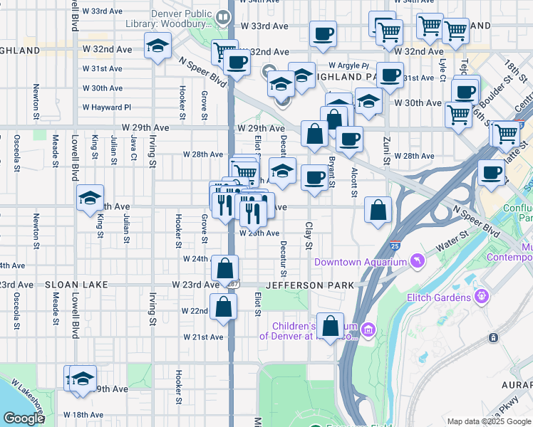 map of restaurants, bars, coffee shops, grocery stores, and more near 2812 West 26th Avenue in Denver