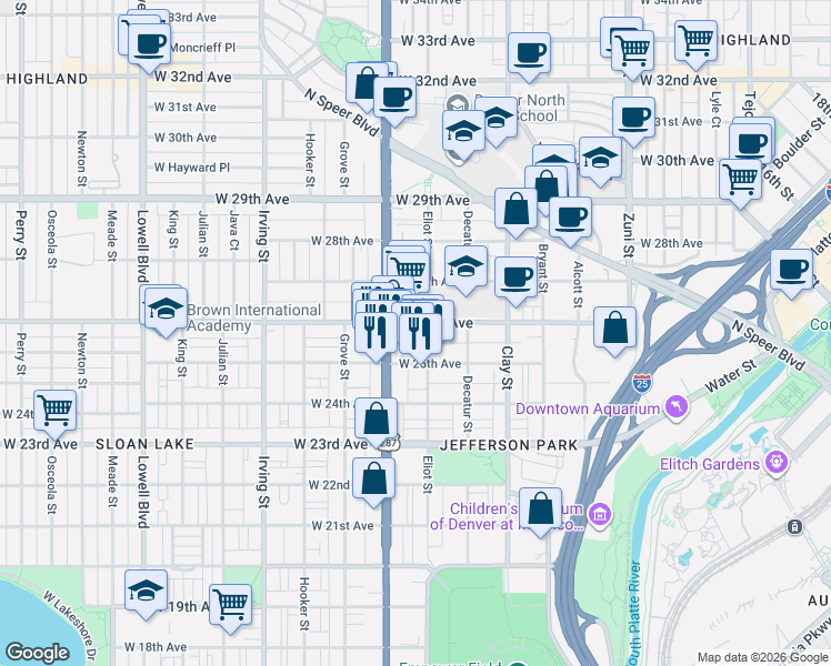 map of restaurants, bars, coffee shops, grocery stores, and more near 2920 West 26th Avenue in Denver