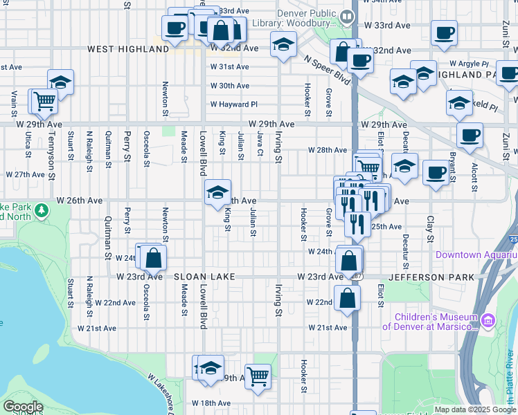 map of restaurants, bars, coffee shops, grocery stores, and more near 2551 Julian Street in Denver