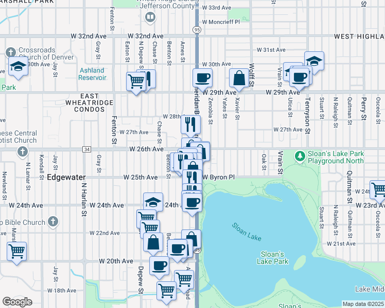 map of restaurants, bars, coffee shops, grocery stores, and more near 5254 West 26th Avenue in Denver