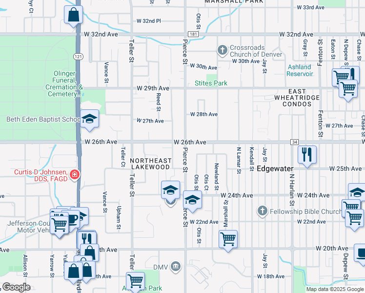 map of restaurants, bars, coffee shops, grocery stores, and more near 2591 Pierce Street in Denver