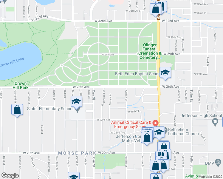 map of restaurants, bars, coffee shops, grocery stores, and more near 8270 West 26th Avenue in Lakewood