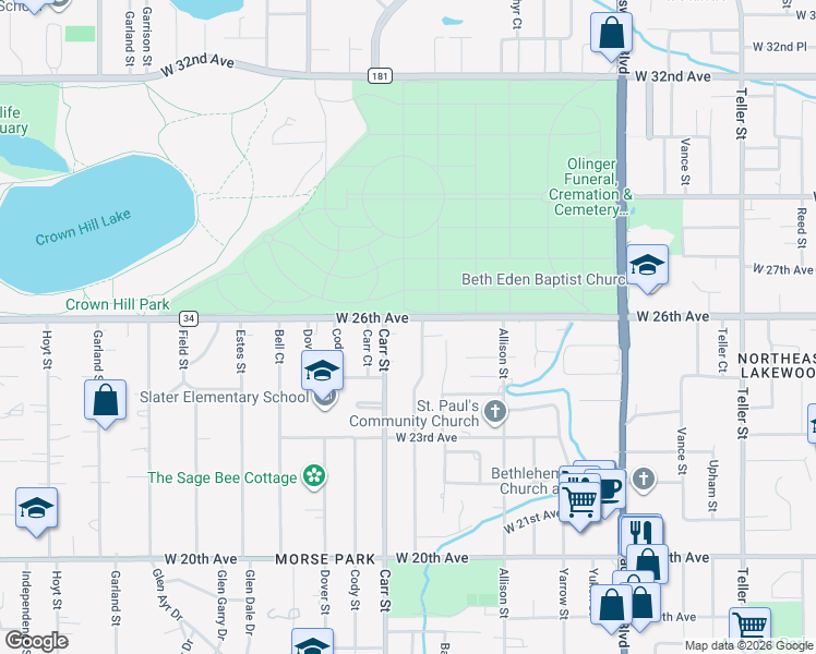map of restaurants, bars, coffee shops, grocery stores, and more near 8302 West 26th Avenue in Lakewood
