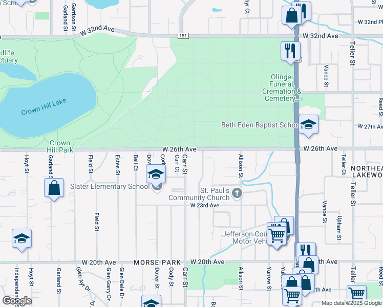 map of restaurants, bars, coffee shops, grocery stores, and more near 8302 West 26th Avenue in Lakewood