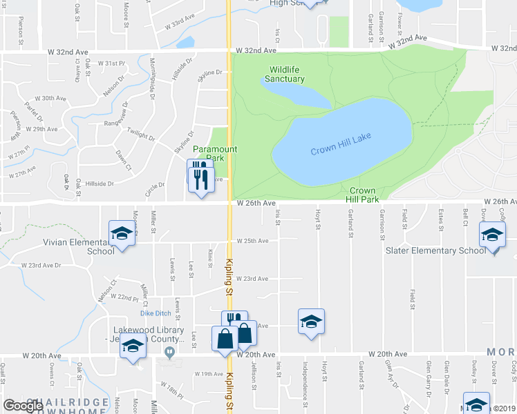map of restaurants, bars, coffee shops, grocery stores, and more near 9814 West 26th Avenue in Lakewood