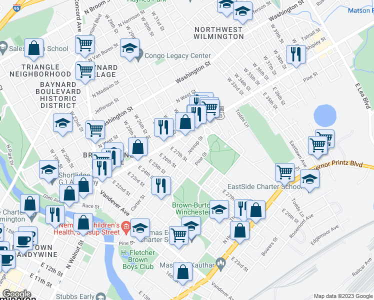 map of restaurants, bars, coffee shops, grocery stores, and more near in Wilmington