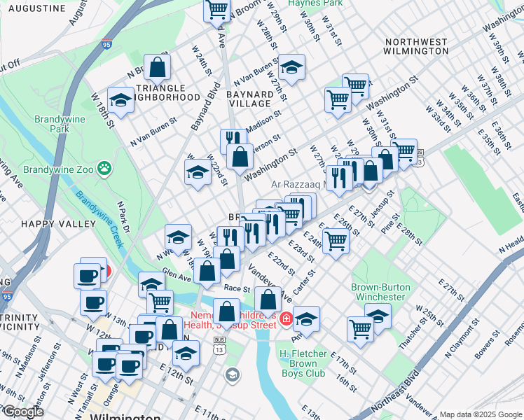map of restaurants, bars, coffee shops, grocery stores, and more near in Wilmington