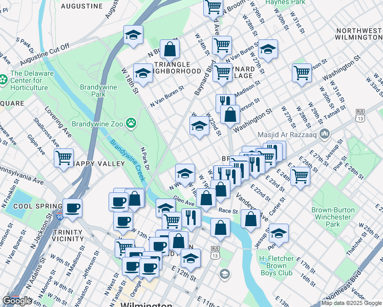 map of restaurants, bars, coffee shops, grocery stores, and more near 1909 Washington Street in Wilmington