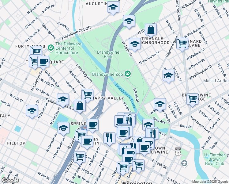 map of restaurants, bars, coffee shops, grocery stores, and more near in Wilmington