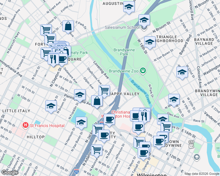 map of restaurants, bars, coffee shops, grocery stores, and more near 1112 Shallcross Avenue in Wilmington