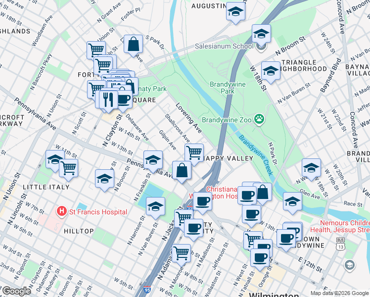 map of restaurants, bars, coffee shops, grocery stores, and more near 1203 Gilpin Avenue in Wilmington