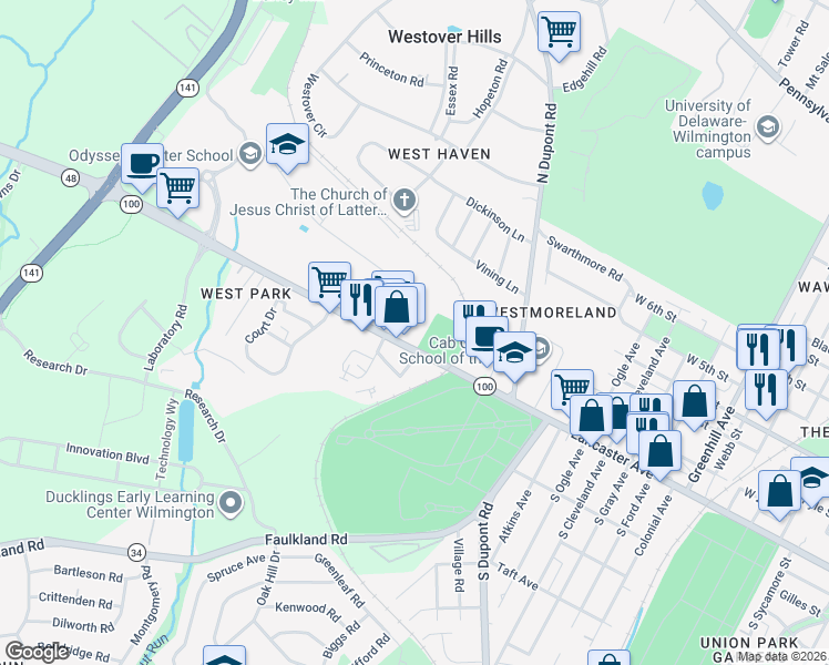 map of restaurants, bars, coffee shops, grocery stores, and more near 100 Simca Lane in Wilmington