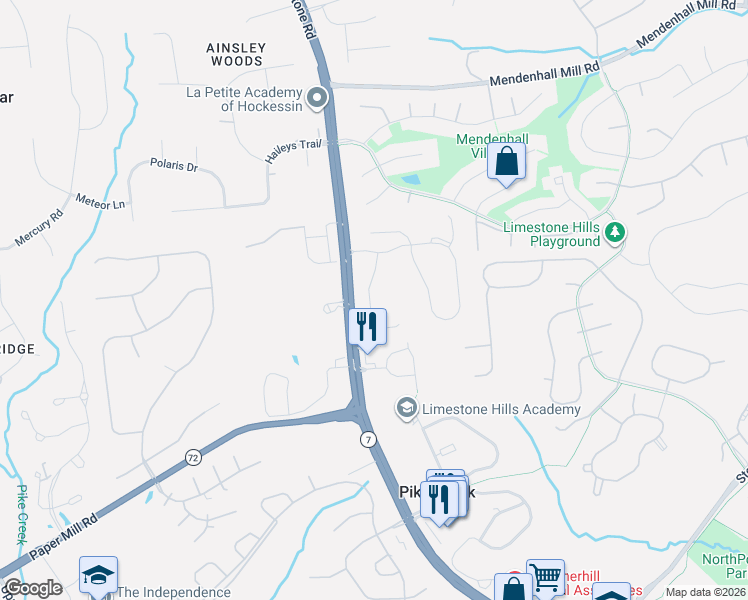 map of restaurants, bars, coffee shops, grocery stores, and more near 121 Pumpkin Patch Lane in Hockessin