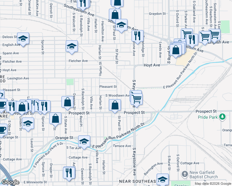 map of restaurants, bars, coffee shops, grocery stores, and more near 2224 Woodlawn Avenue in Indianapolis