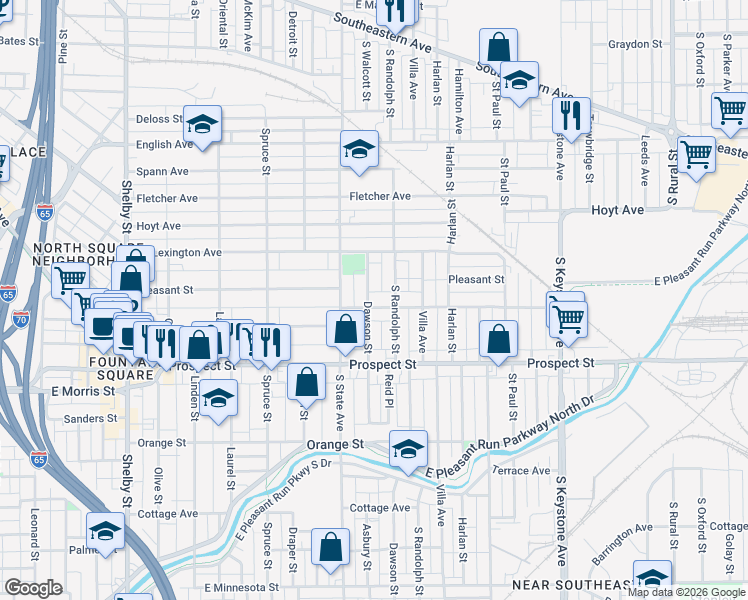 map of restaurants, bars, coffee shops, grocery stores, and more near 1832 Woodlawn Avenue in Indianapolis