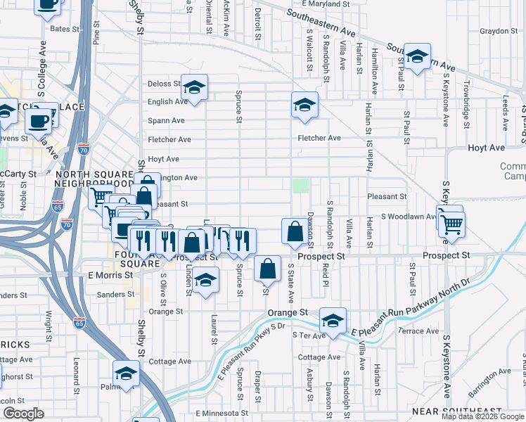 map of restaurants, bars, coffee shops, grocery stores, and more near 1521 Pleasant Street in Indianapolis