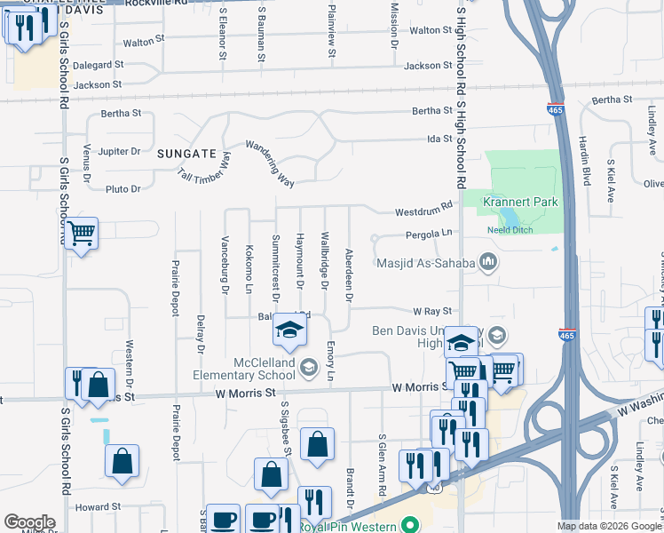 map of restaurants, bars, coffee shops, grocery stores, and more near 808 Aberdeen Drive in Indianapolis