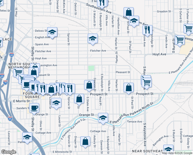 map of restaurants, bars, coffee shops, grocery stores, and more near 1832 Woodlawn Avenue in Indianapolis