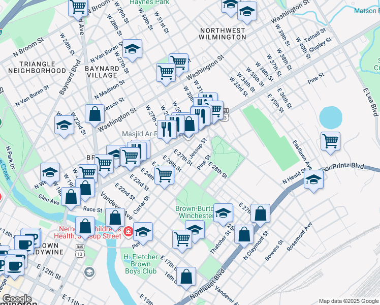 map of restaurants, bars, coffee shops, grocery stores, and more near 108 East 28th Street in Wilmington