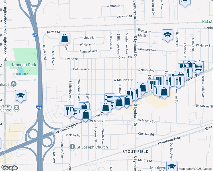 map of restaurants, bars, coffee shops, grocery stores, and more near 835 S Worth Ave in Indianapolis