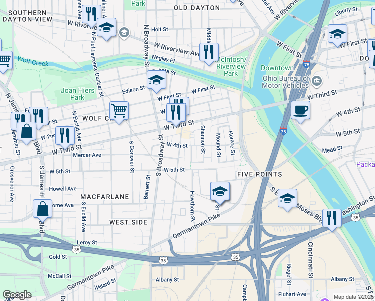 map of restaurants, bars, coffee shops, grocery stores, and more near 11 Hawthorn Street in Dayton