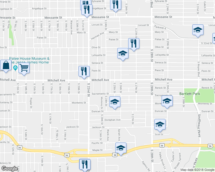 map of restaurants, bars, coffee shops, grocery stores, and more near 1315 South 24th Street in Saint Joseph
