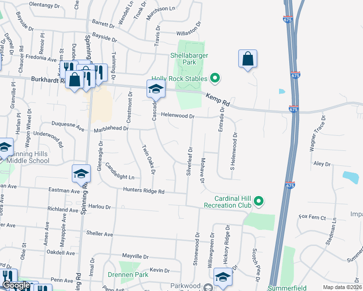 map of restaurants, bars, coffee shops, grocery stores, and more near 5843 Willow Glen Court in Dayton