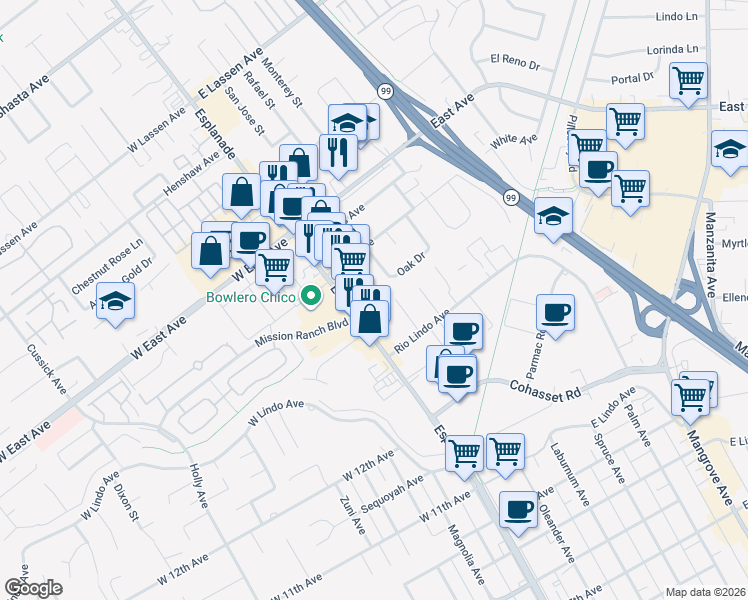 map of restaurants, bars, coffee shops, grocery stores, and more near 2352 Esplanade in Chico