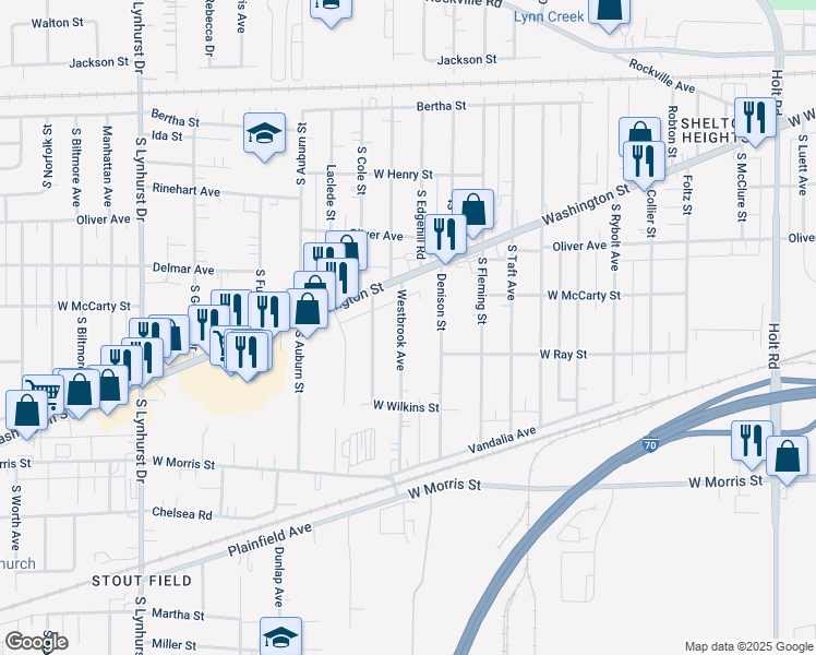map of restaurants, bars, coffee shops, grocery stores, and more near 835 Westbrook Avenue in Indianapolis