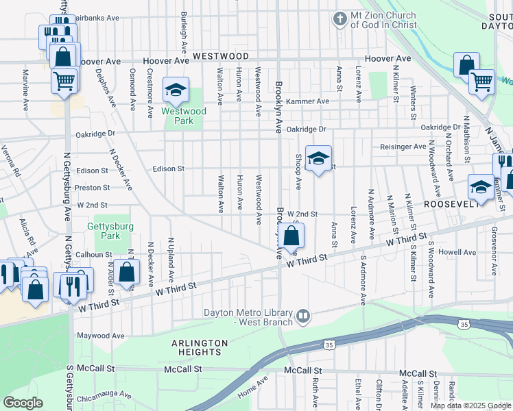 map of restaurants, bars, coffee shops, grocery stores, and more near 213 Westwood Avenue in Dayton